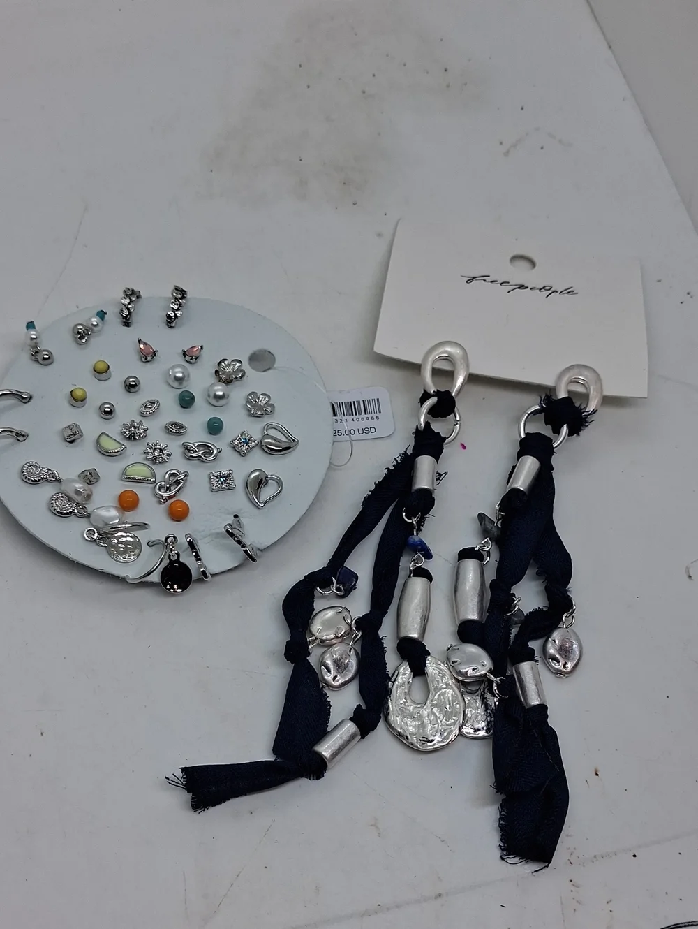 Free People navy ribbon drop earrings with silver-tone accents & Assorted Studs